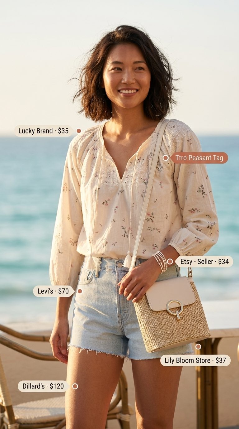 Coastal Brunch Style: High rise summer denim shorts for women 2026 with a pink peasant blouse and espadrilles.