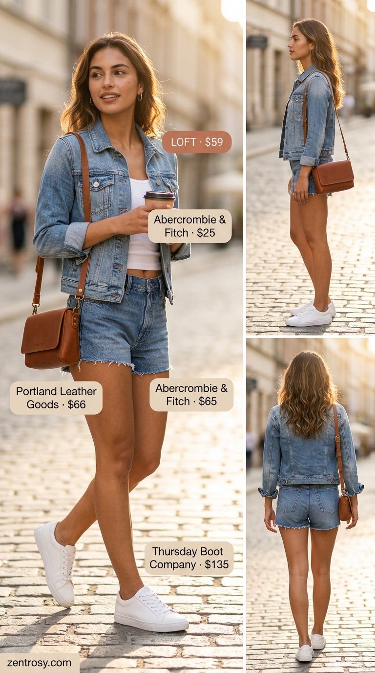 Denim on Denim Cool: High rise summer denim shorts for women 2026 with a denim jacket and white tank.