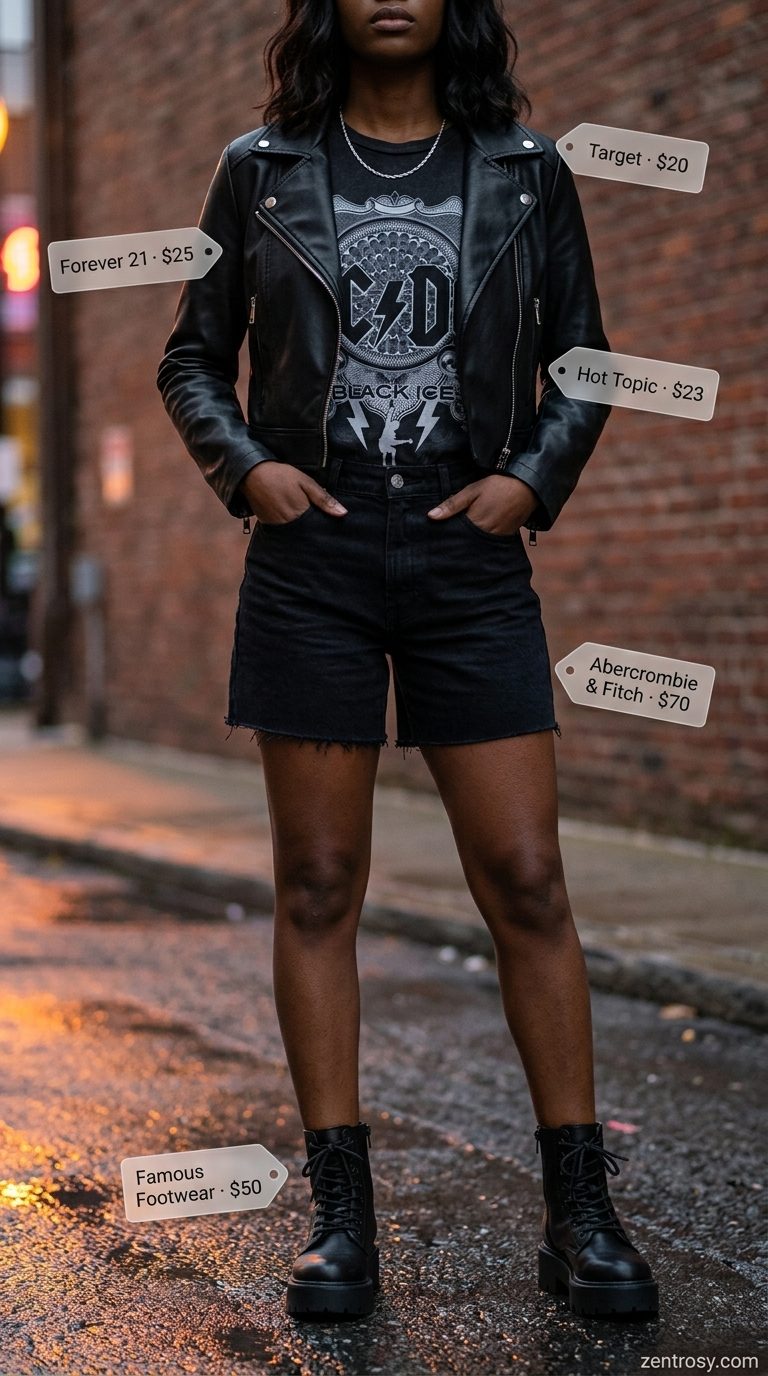 Edgy outfit with high rise black denim shorts for women 2026, band tee, and moto jacket.