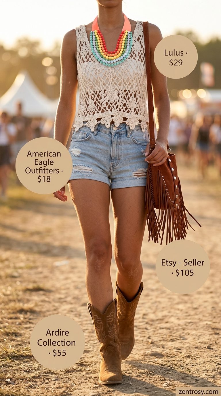 Festival ready outfit with high rise summer denim shorts for women 2026, crochet top, and cowboy boots.