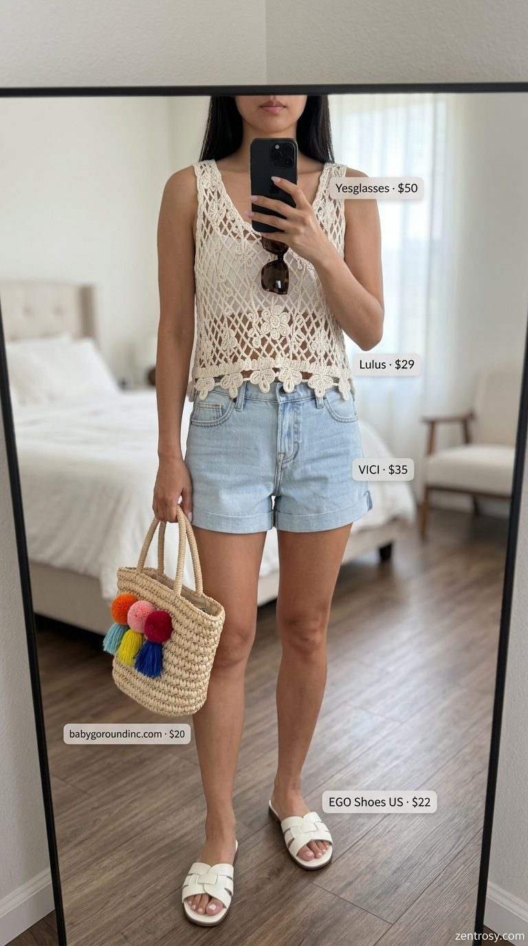 Poolside Glamour: High rise summer denim shorts for women 2026, white crochet tank, straw tote, and slides.