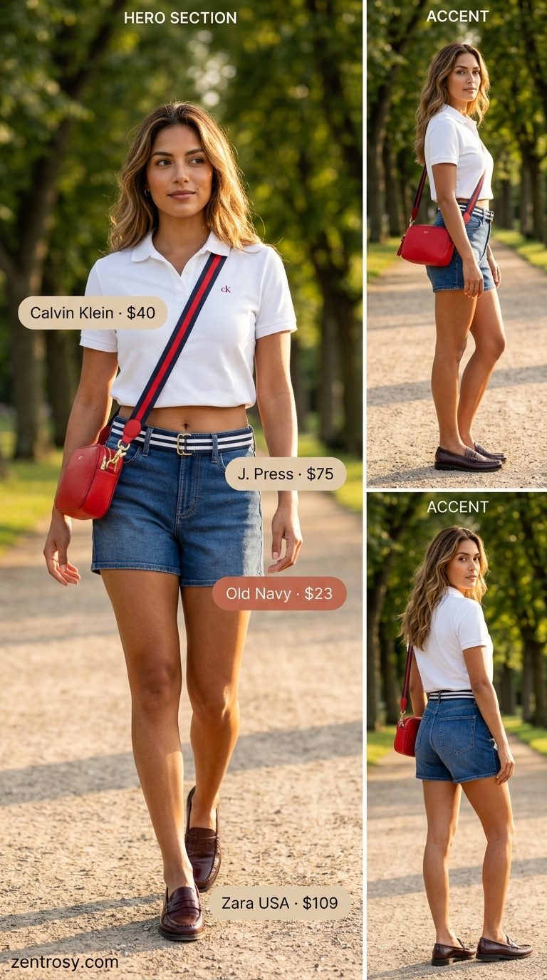 Preppy outfit with high rise denim shorts for women 2026, polo shirt, and penny loafers.