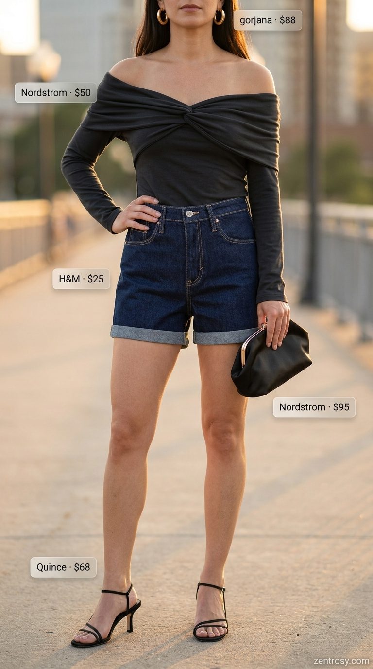 Elegant high rise summer denim shorts for women 2026 paired with an off-the-shoulder top and heeled sandals for a sunset cruise.