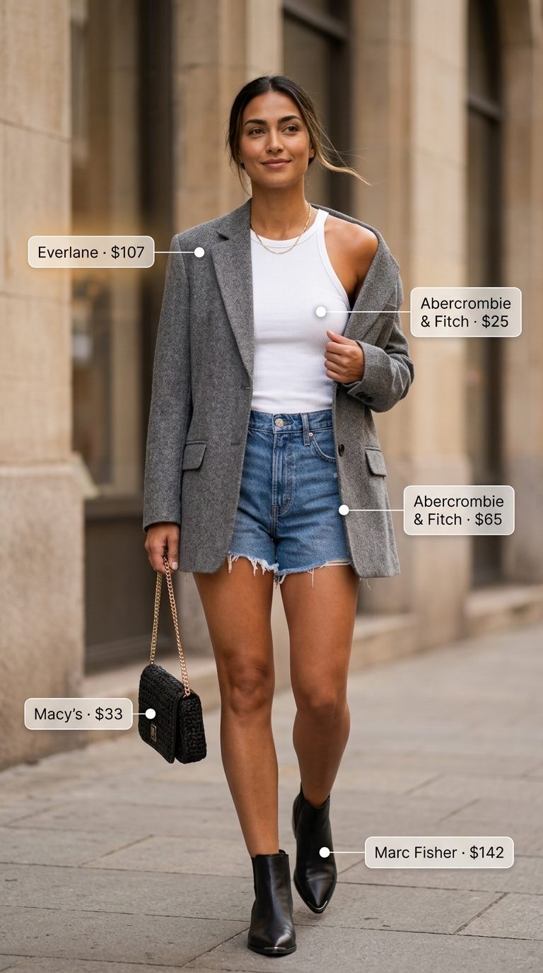 Urban chic outfit with high rise denim shorts for women 2026, blazer, and ankle boots.