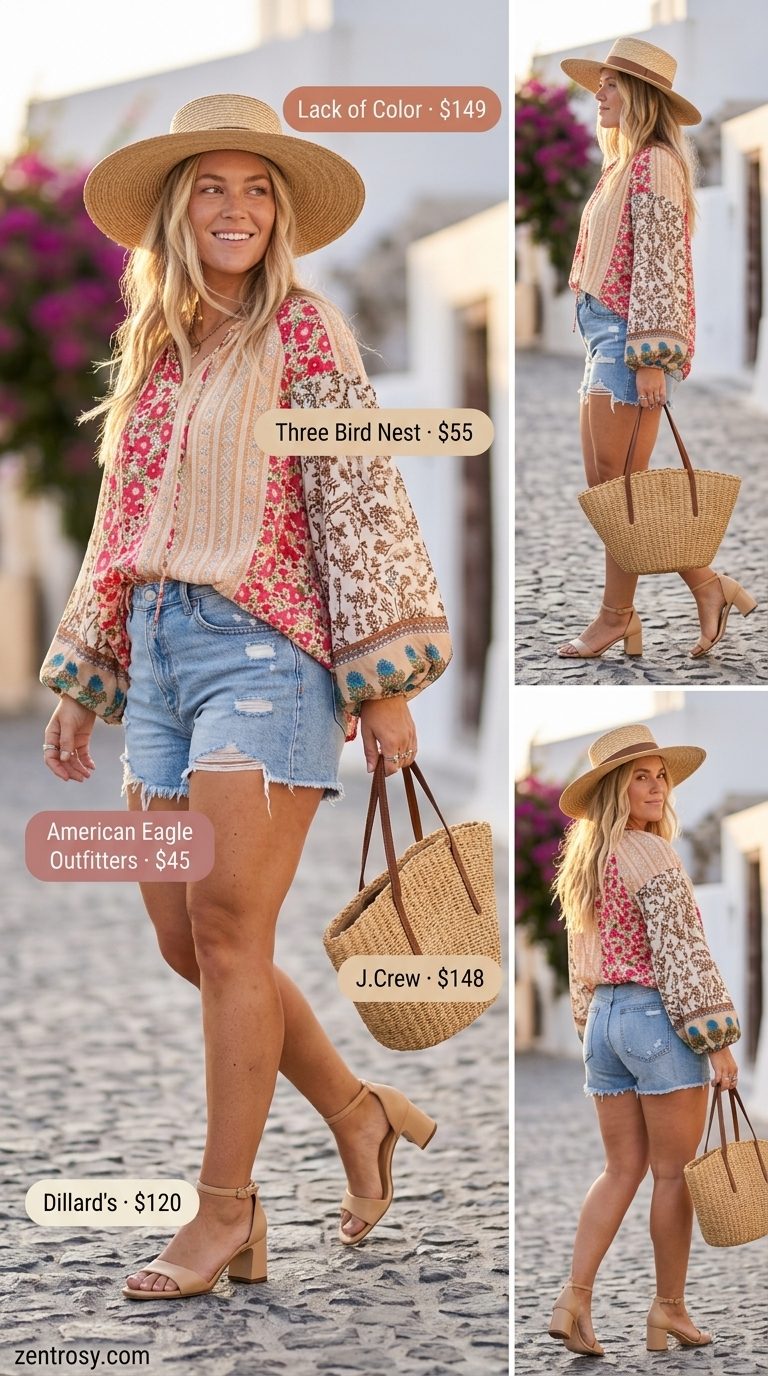 Vacation outfit with high rise denim shorts for women 2026, printed blouse, and straw hat.