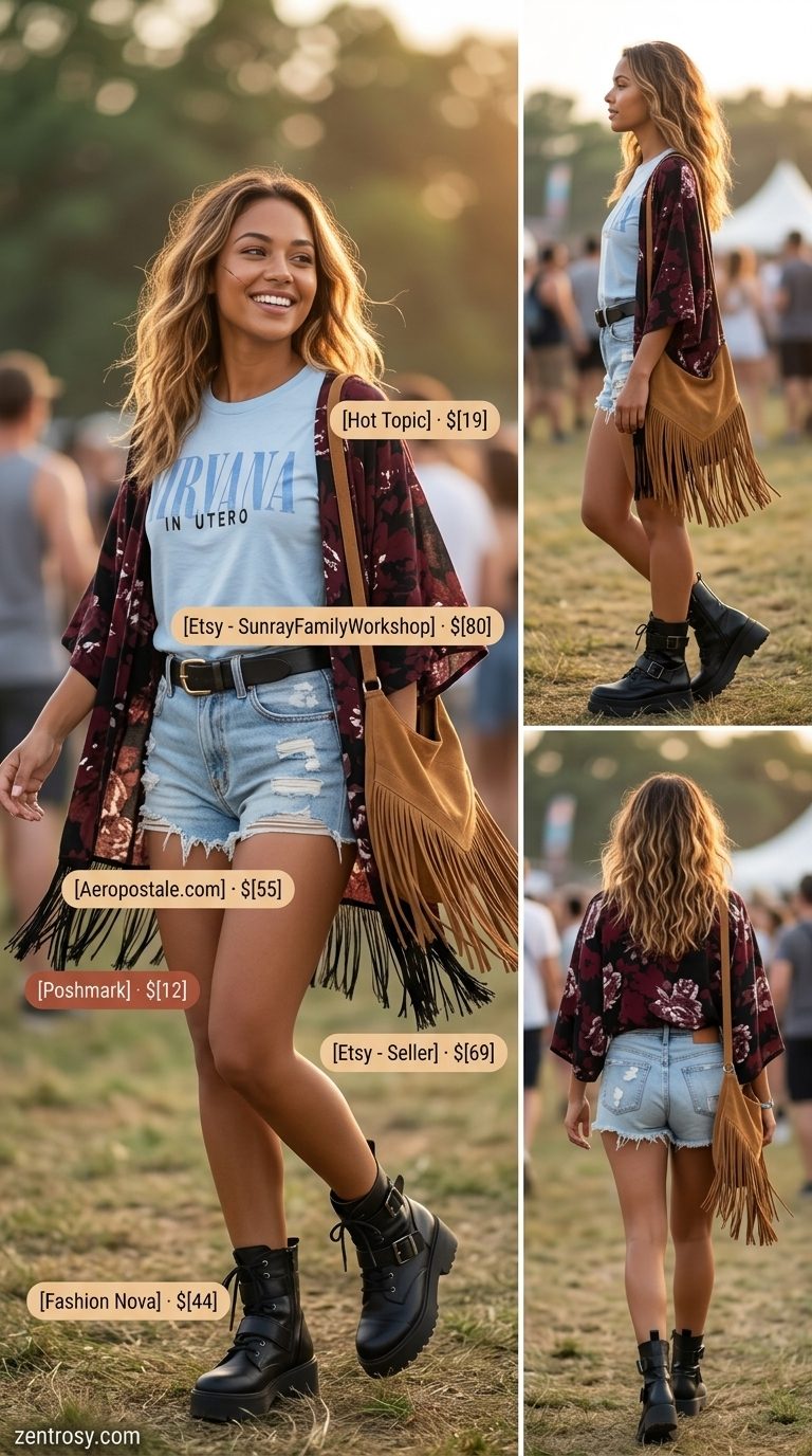 Vintage festival outfit with high rise distressed denim shorts for women 2026, band tee, and kimono.