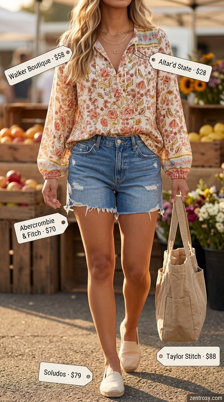 Weekend outfit with high rise denim shorts for women 2026, floral blouse, and espadrilles.