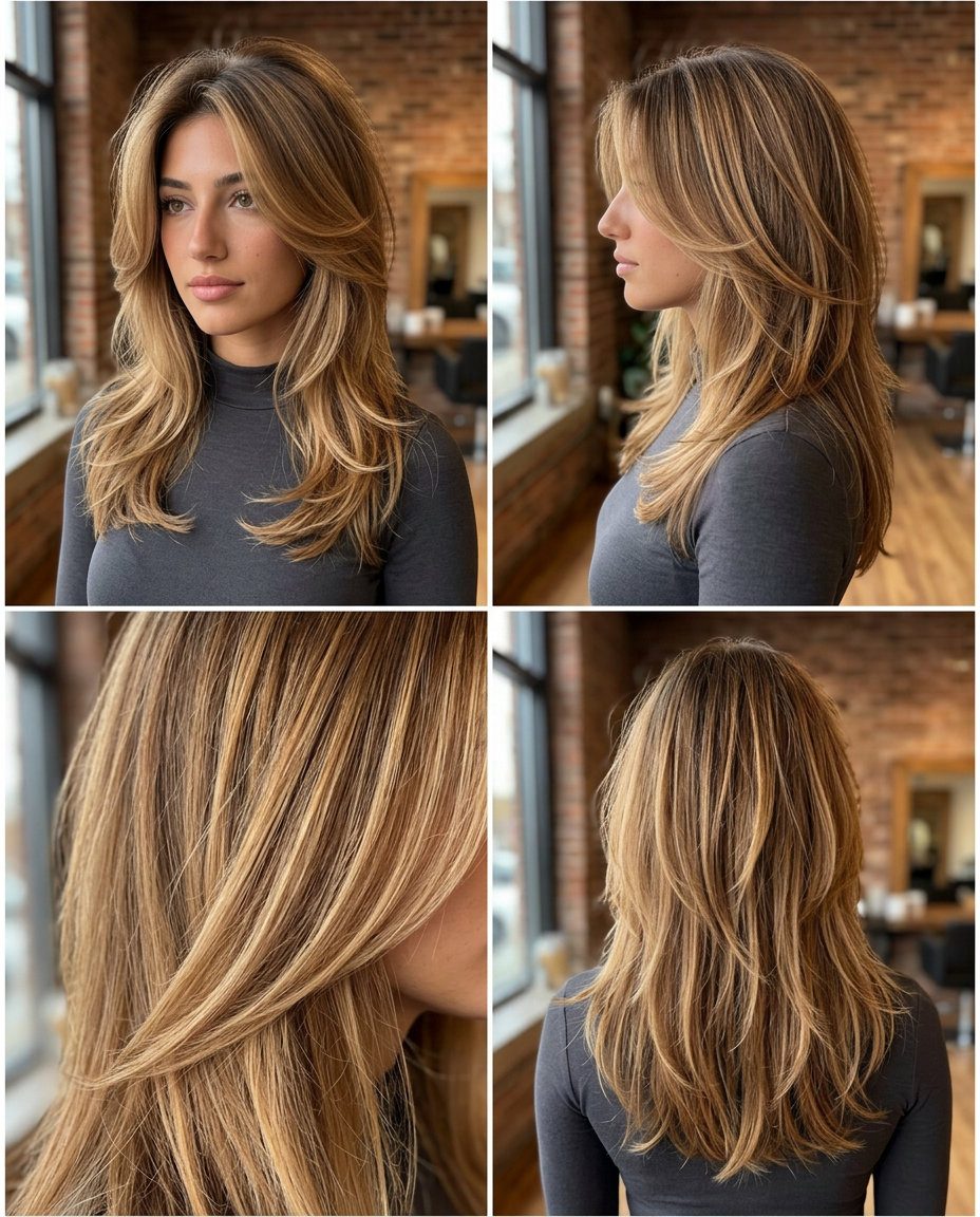 long wolf cut with honey balayage, golden caramel tones, soft face-framing layers — effortless beachy