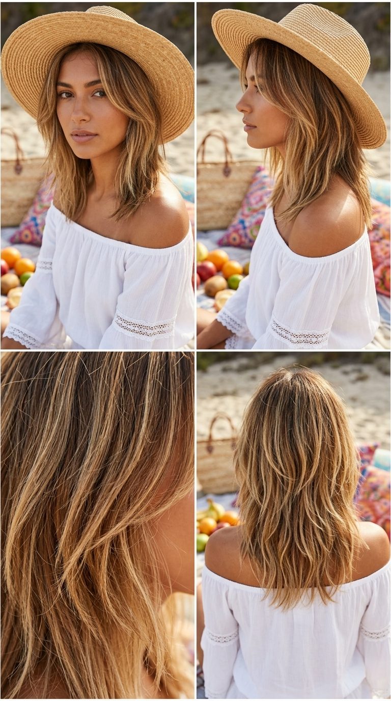 medium warm honey balayage shag haircut with textured layers for summer quick hairstyles 2026