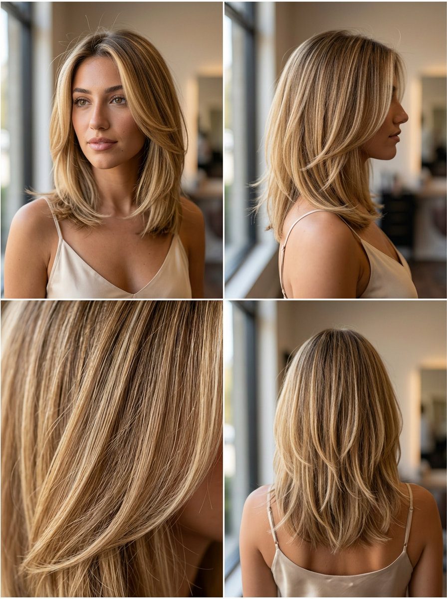 collarbone-length honey blonde lob with face-framing layers and a vanilla root smudge for soft romance