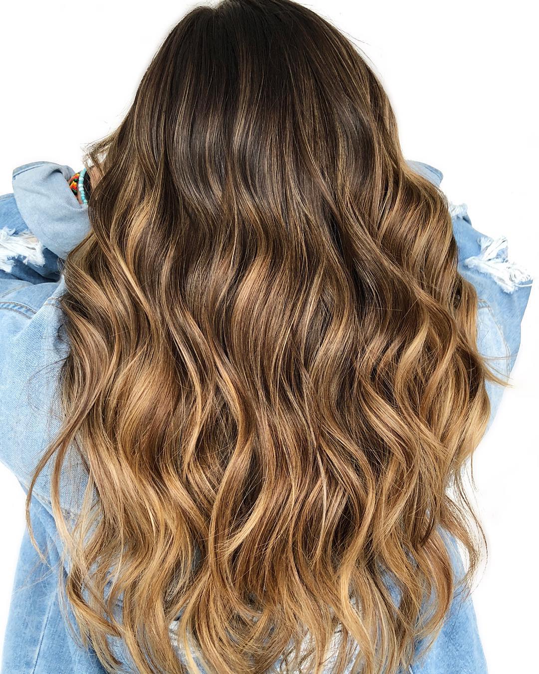 Mid-Back Wavy Hair With Dark Brown Base and Honey Blonde Balayage — Honey Blonde Hair Inspiration