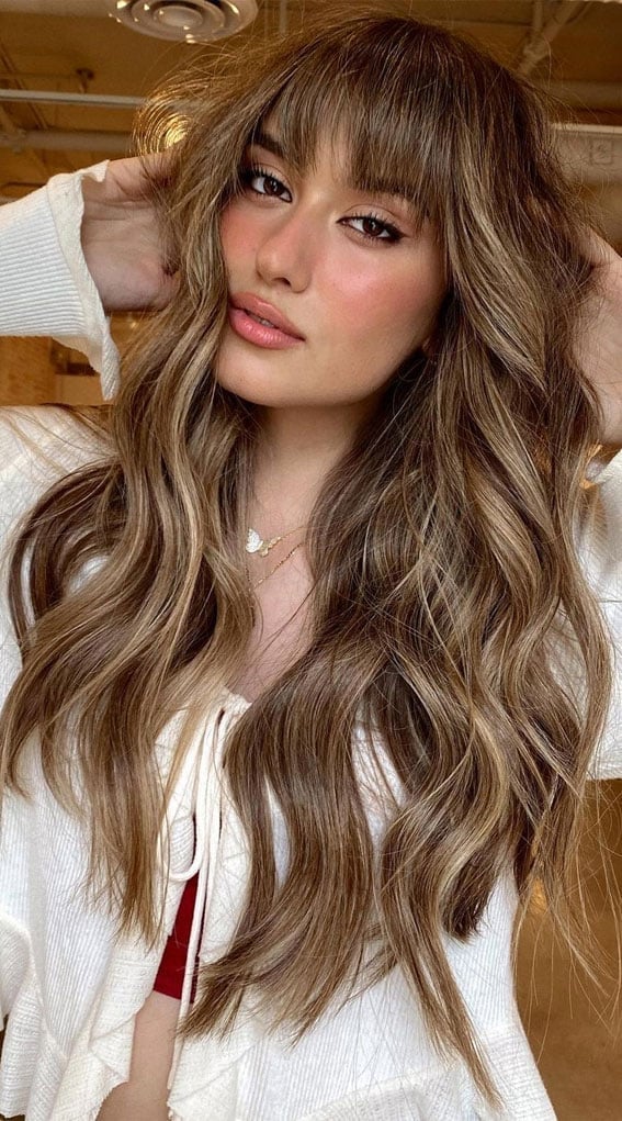 Mid-Back Honey Blonde With Full Bangs and Highlights — Honey Blonde Hair Inspiration