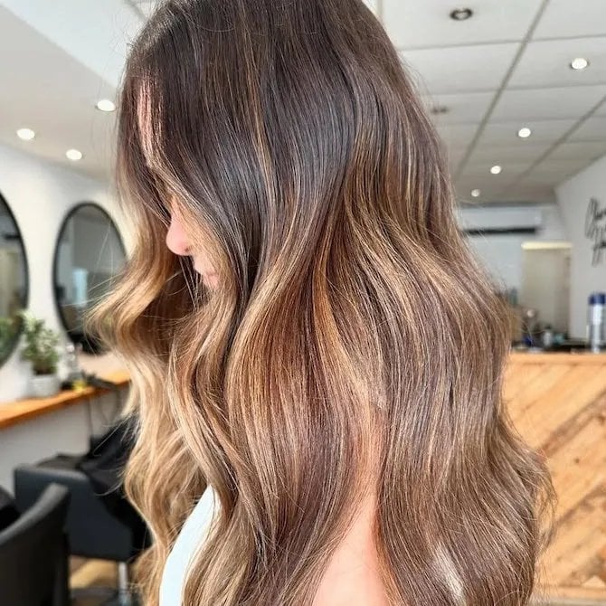 Mid-Back Dark Brown With Honey Blonde Balayage, Office-Safe Version — Honey Blonde Hair Inspiration