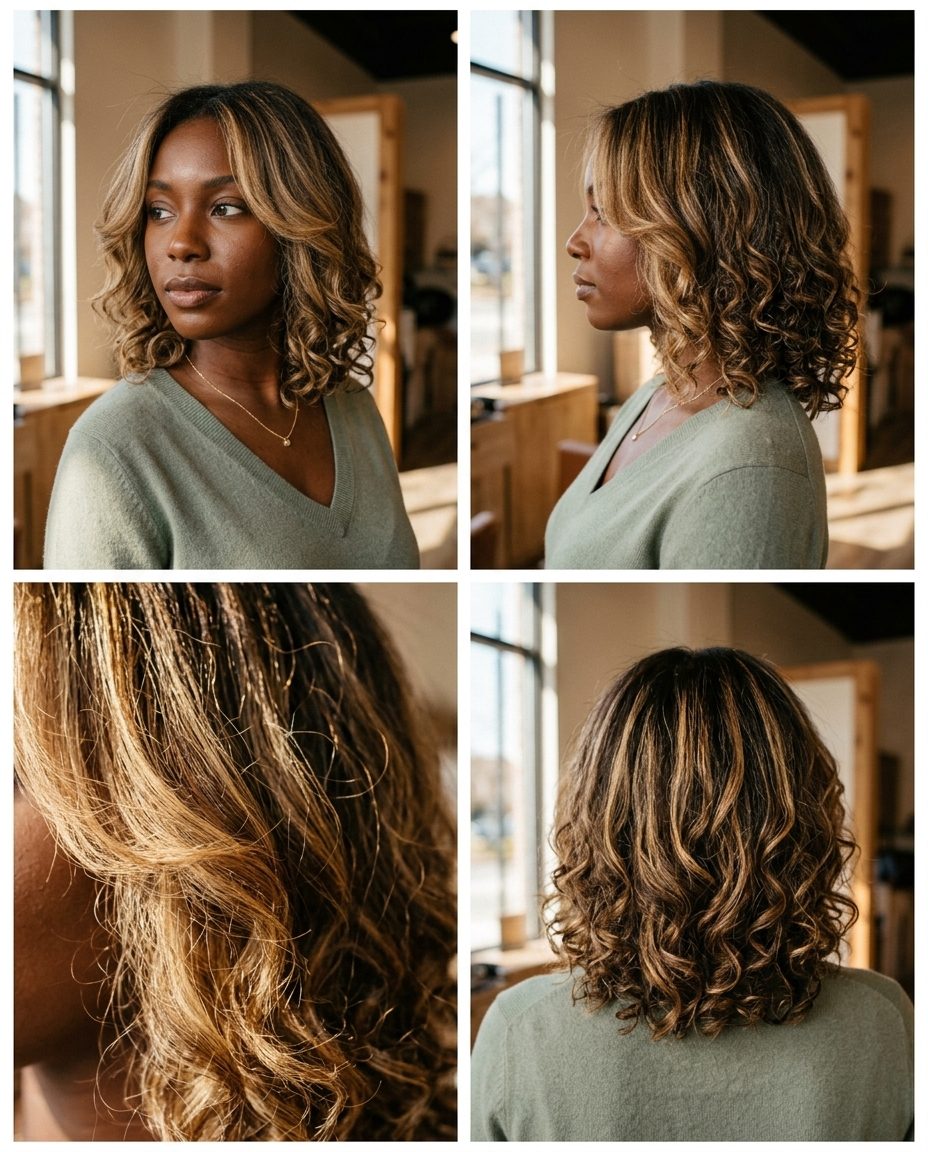 long layered honey blonde babylights haircut with golden undertones, radiant glow