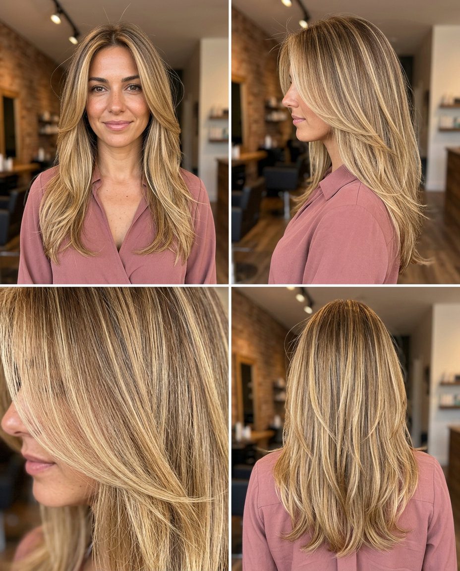 long face-framing layers with honey blonde balayage and golden babylights for festivals