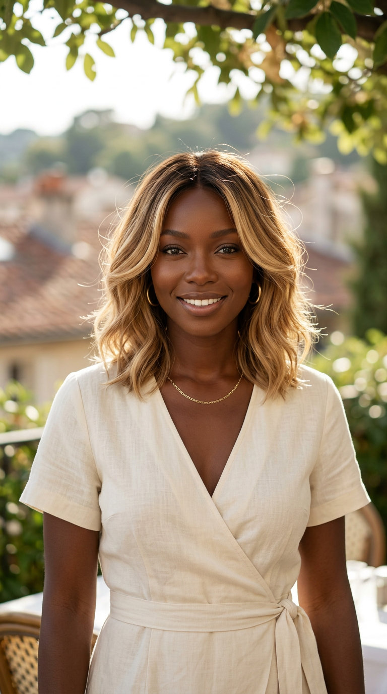 Honey Blonde Bob: Sun-Kissed Waves 2026 medium layered bob with warm honey blonde golden caramel, sun-kissed waves for summer