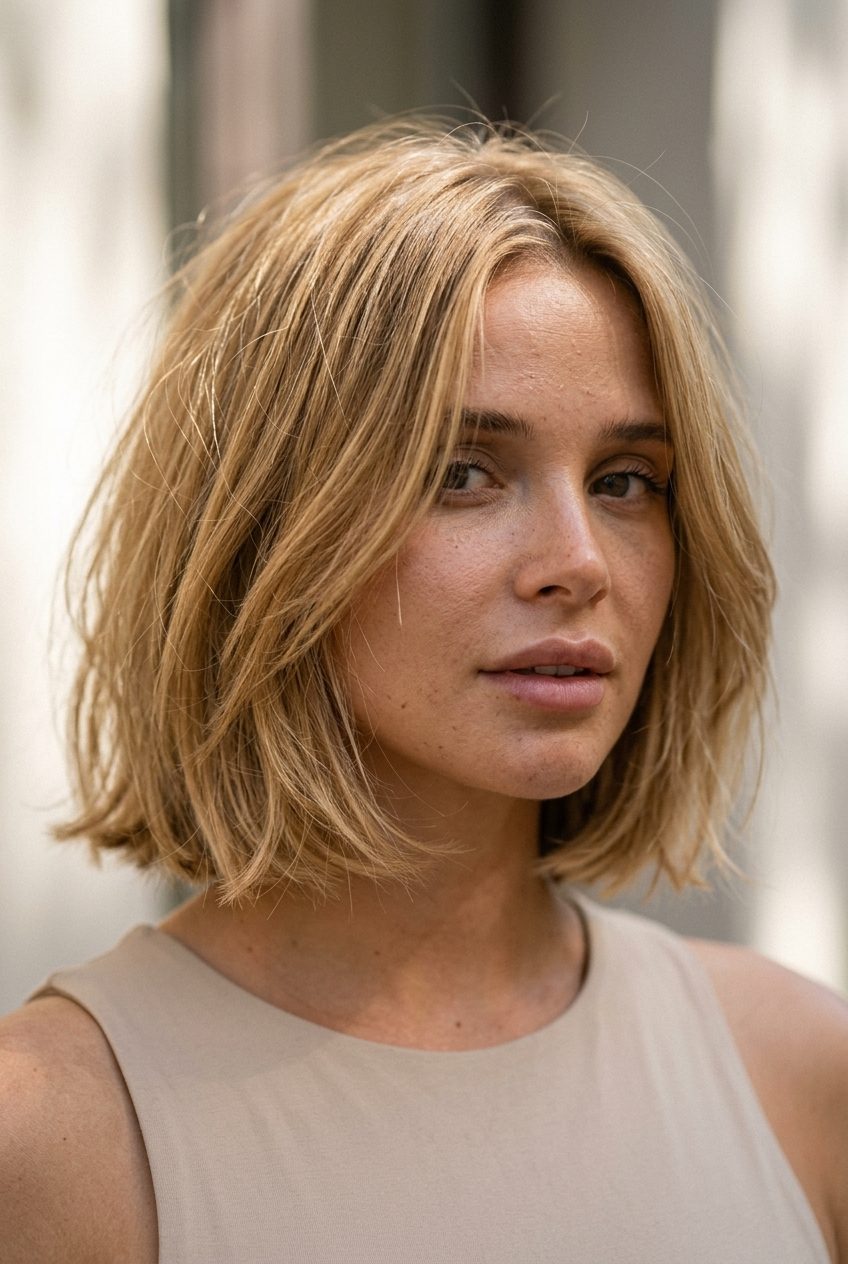 Effortless Honey Blonde Bob 2026: Summer Grow-Out medium textured bob with honey blonde color, internal layers, face-framing pieces — effortless & chic