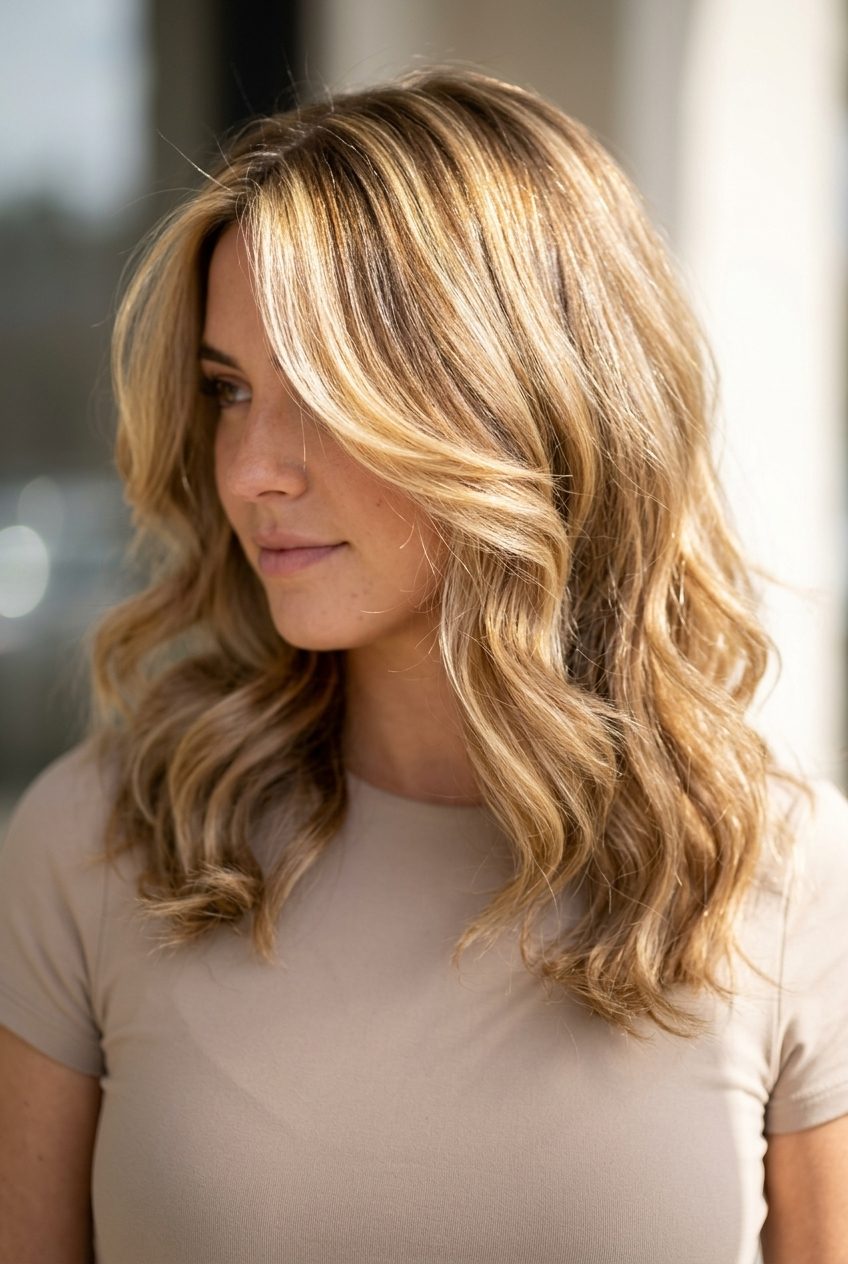 Honey Blonde Wavy Butterfly Haircut 2026 medium butterfly midi wavy haircut in honey blonde with face-framing, voluminous top layers, strong money piece — playful Y2K festival look