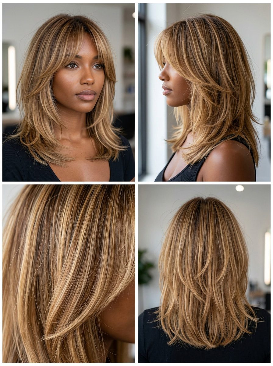 Warm Honey Blonde Shag 2026 for Round Faces medium shag haircut in warm honey blonde with golden babylights, wispy curtain bangs — chic bohemian playful