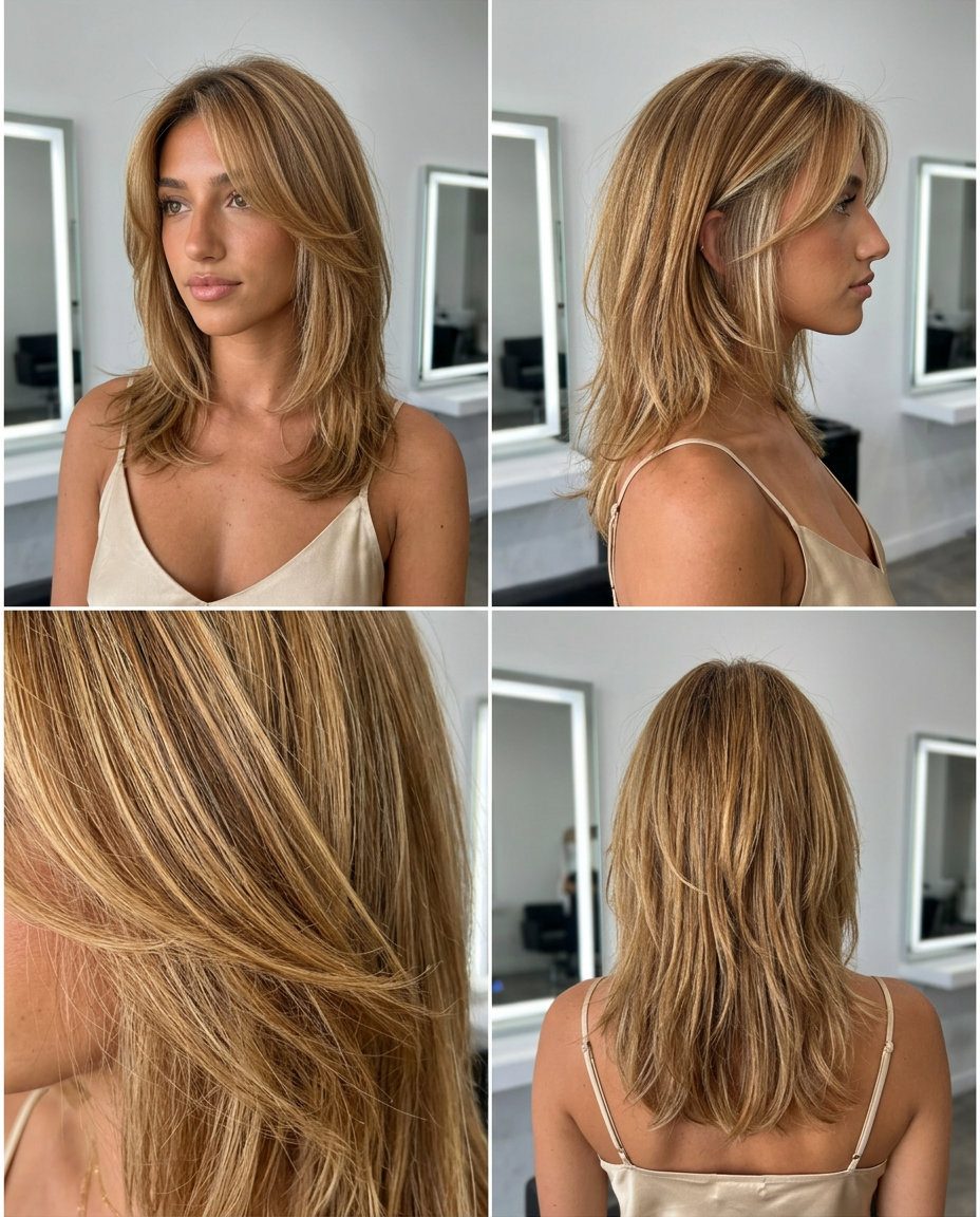 Sun-Kissed Honey Shag for Round Faces 2026 medium shag haircut in honey blonde with razored layers and curtain fringe for summer