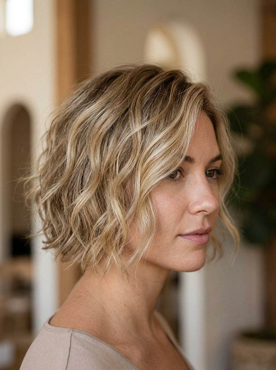 short wavy bixie with honey blonde color, tousled texture, for beach vacations