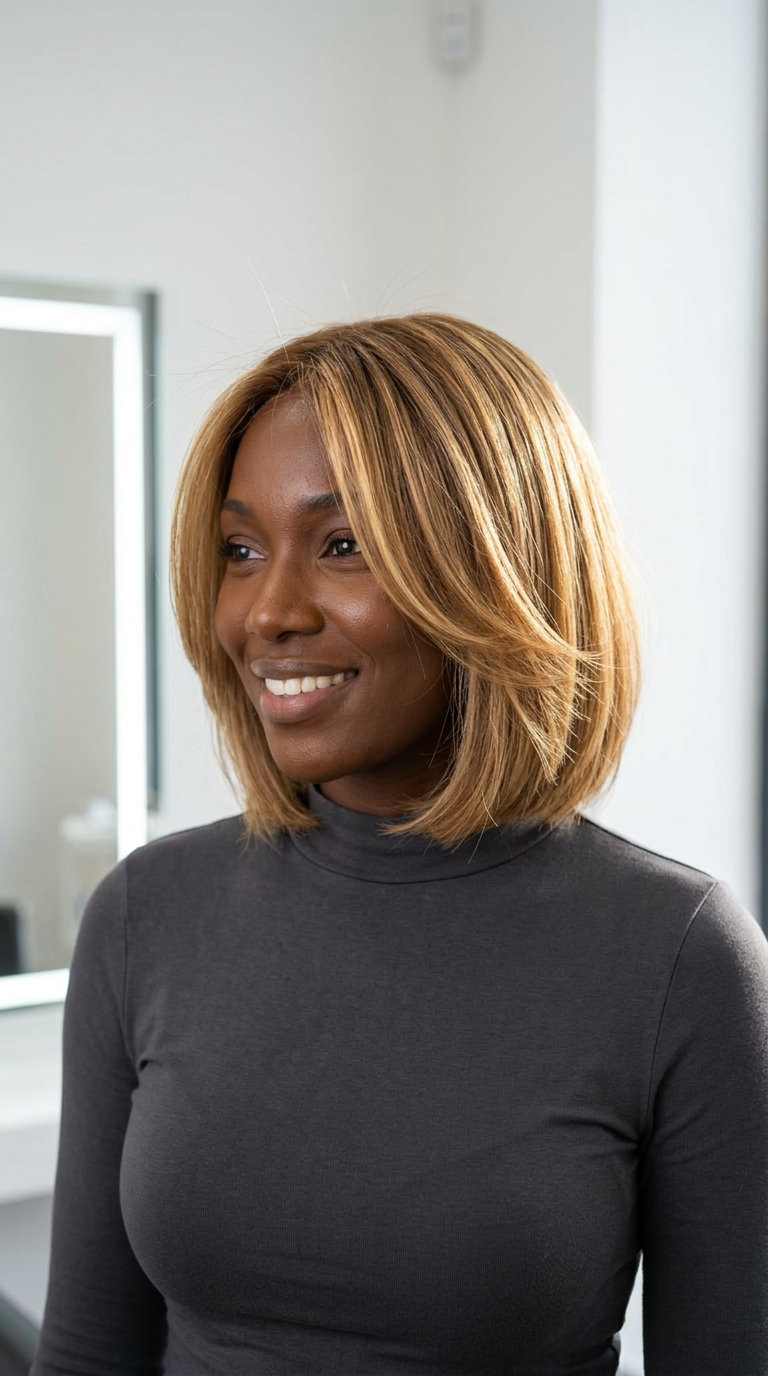 shoulder-length layered bob with warm honey balayage and face-framing layers for summer