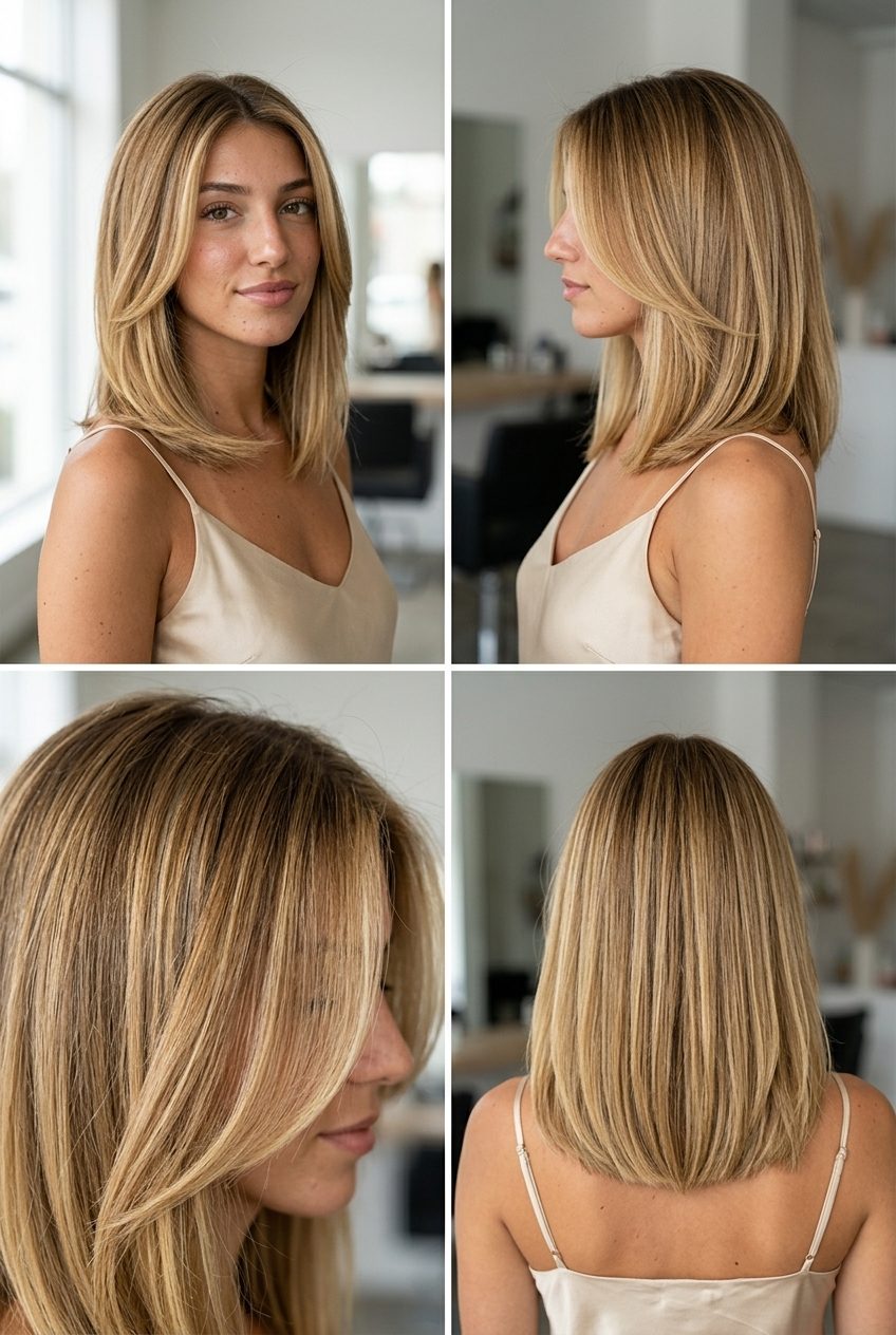 shoulder-length honey blonde lob with golden babylights and piecey ends for summer
