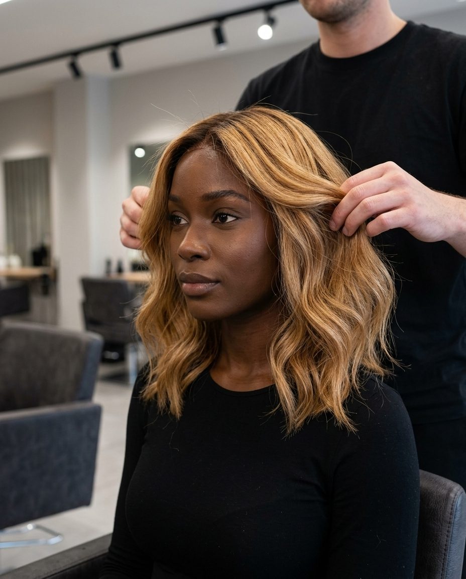 shoulder-length textured lob honey blonde with golden amber, warm ribbons, and dark root for summer 2026