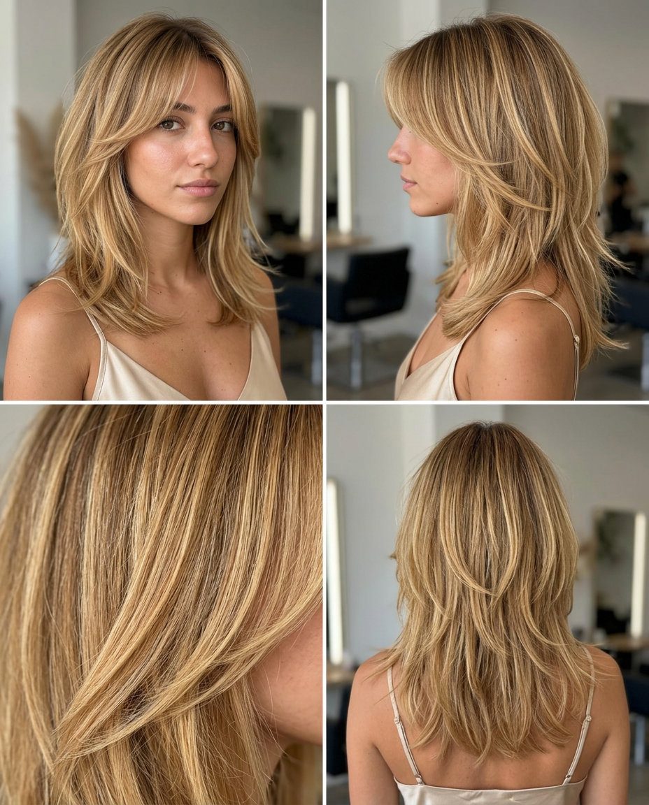 shoulder-length wolf cut in warm honey blonde with golden babylights, textured layers, wispy curtain bangs — effortless summer style