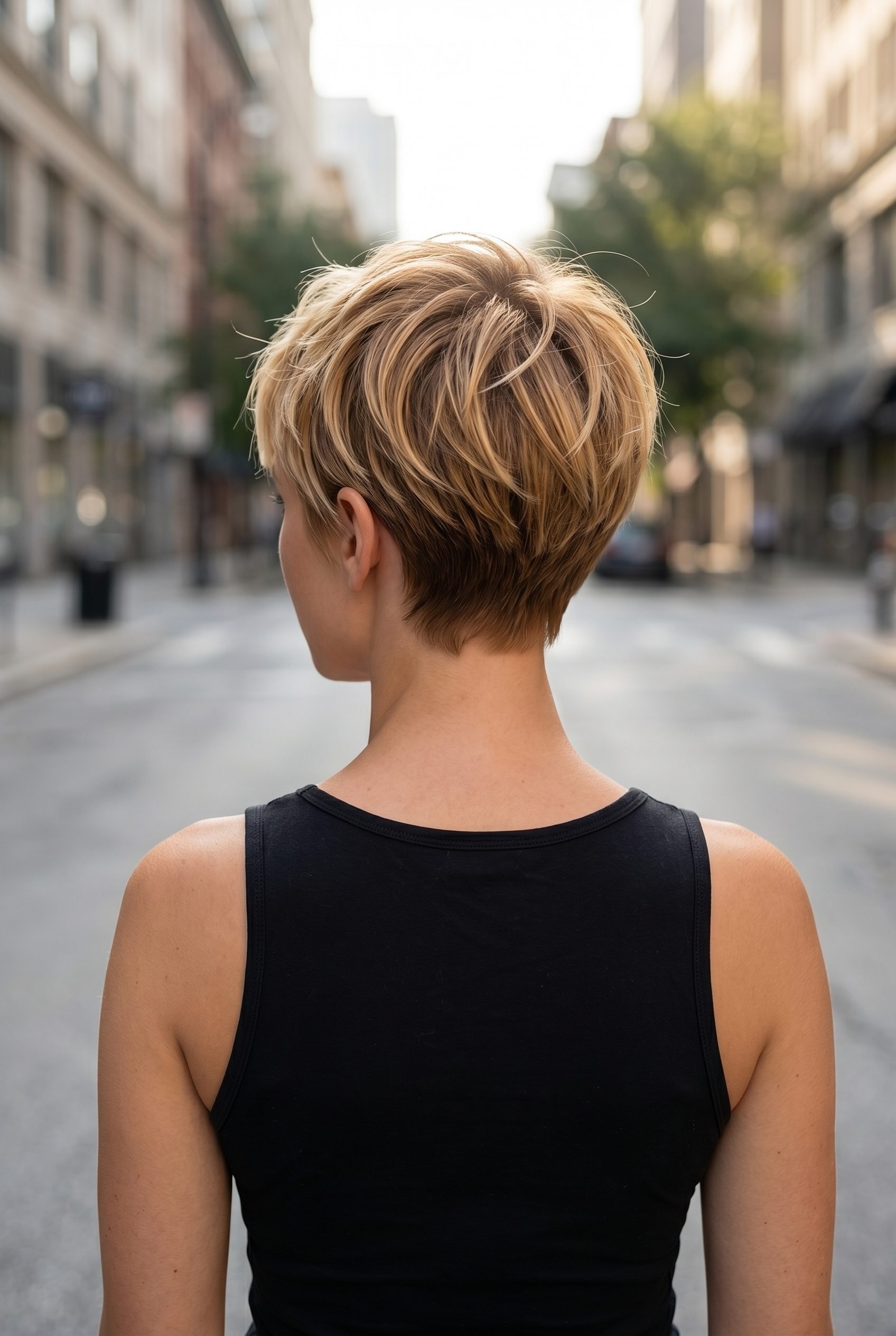 very short pixie haircut with honey blonde, golden babylights, tousled texture for brunch