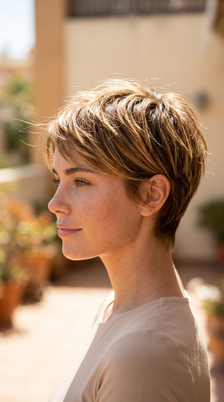 Sun-Kissed Tousled Pixie Haircut 2026 very short pixie haircut with honey blonde, golden caramel, light brown root — playful, effortless, beachy