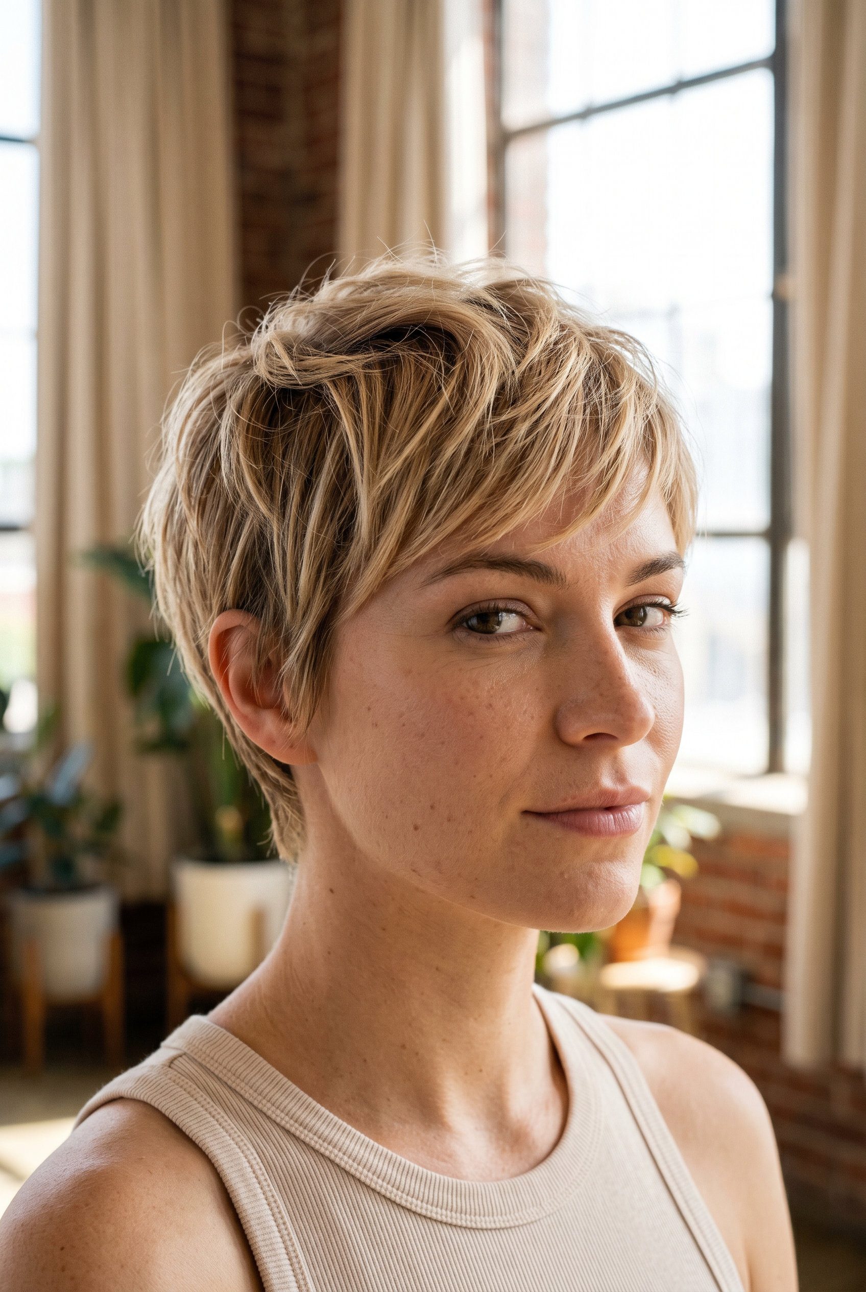 very short pixie haircut with honey blonde balayage, textured layers, wispy sideburns for brunch