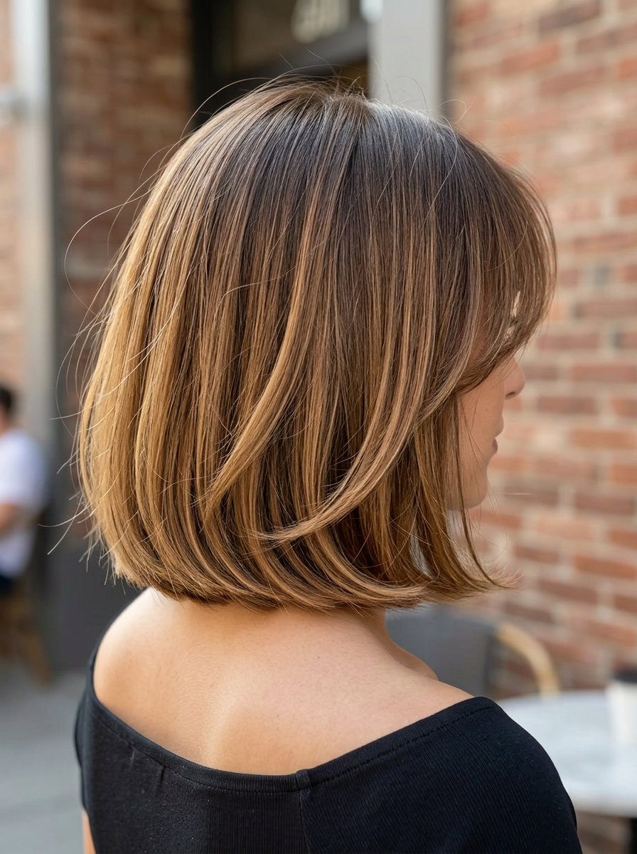 chin-length bob with honey melted balayage, wispy fringe, playful bounce — nostalgic
