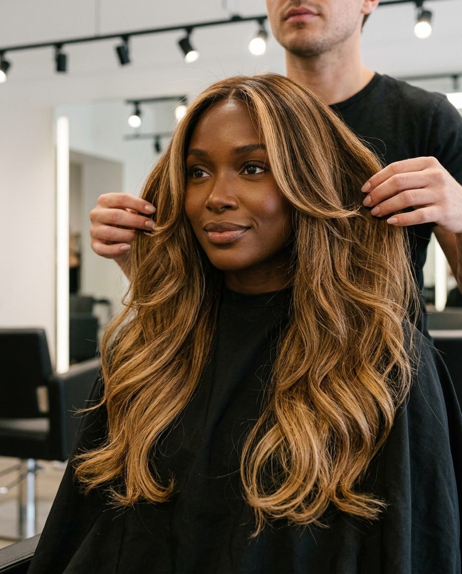 Honey-Dipped Brown Hair 2026: Effortless & Soft long layered hair honey-dipped brown with golden caramel ends, face-framing layers for summer