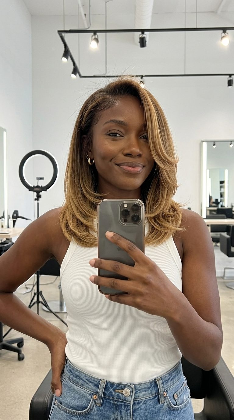 Honey-Dipped Curve Cut 2026 medium honey-dipped brown curve cut with warm blonde ends and face-framing layers — soft & effortless