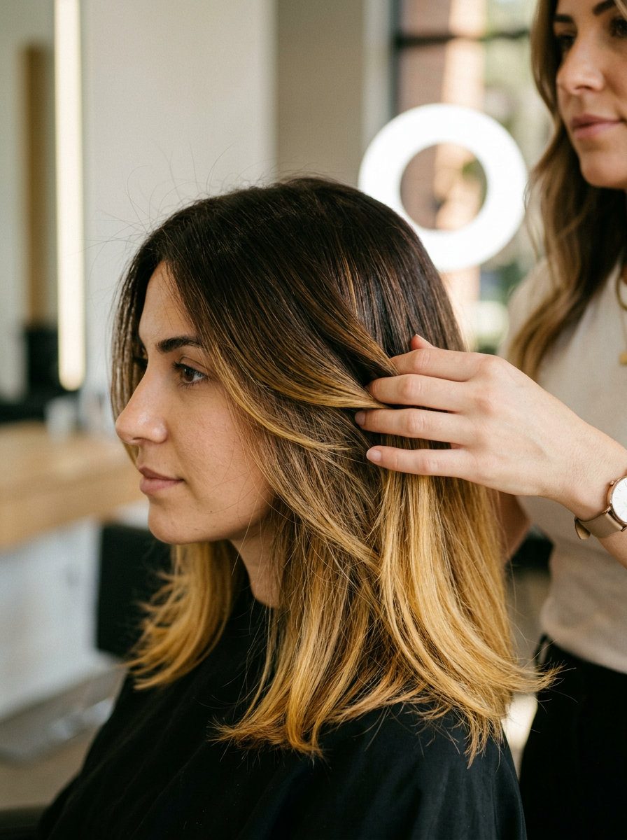 long honey-glazed walnut ombré with golden caramel highlights, diffused blend, no fringe — soft casual