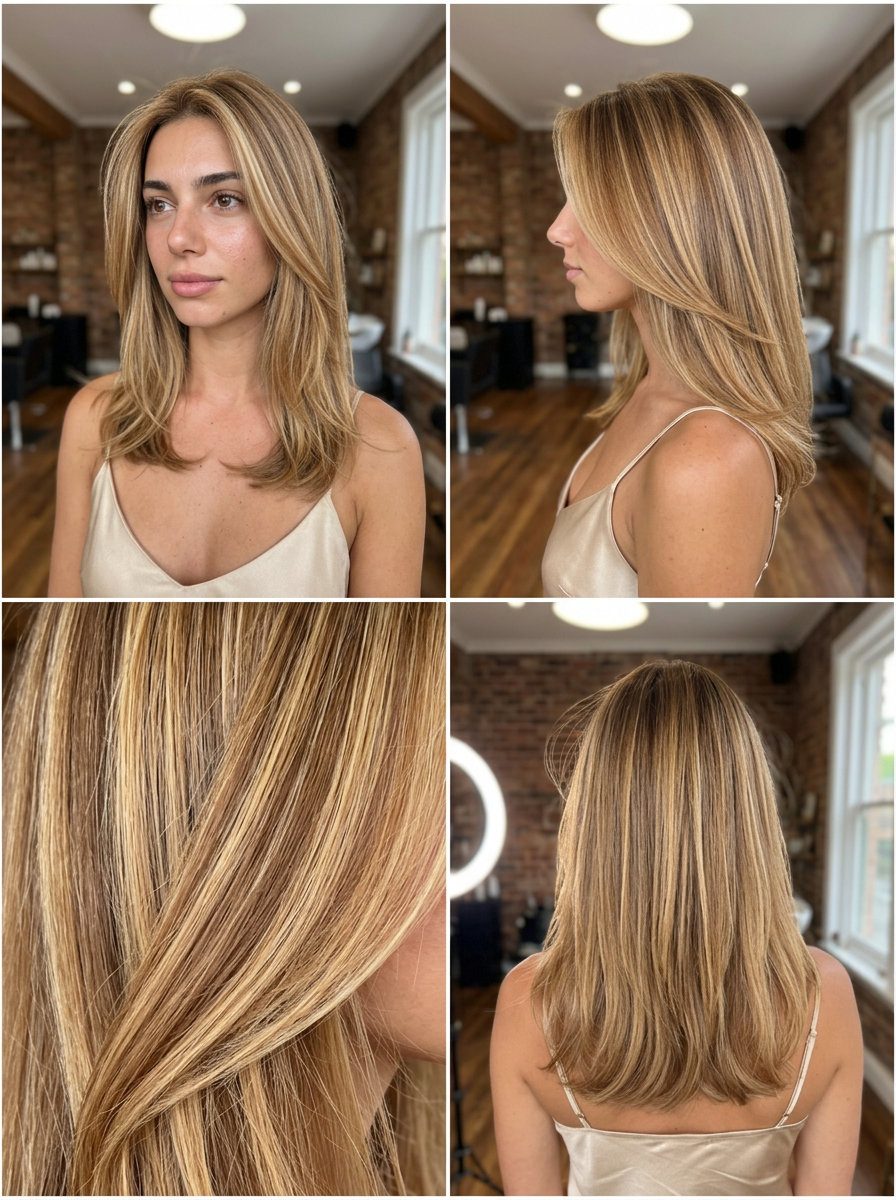 long honey blonde balayage with golden caramel ribbons and face-framing pieces for date night