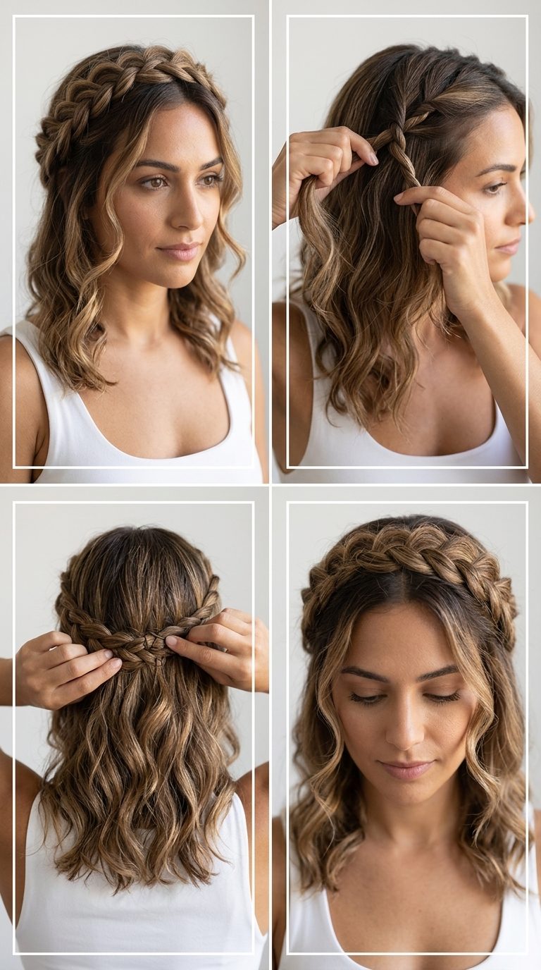 long natural brunette milkmaid braid with honey blonde highlights, rope braid technique, romantic garden party