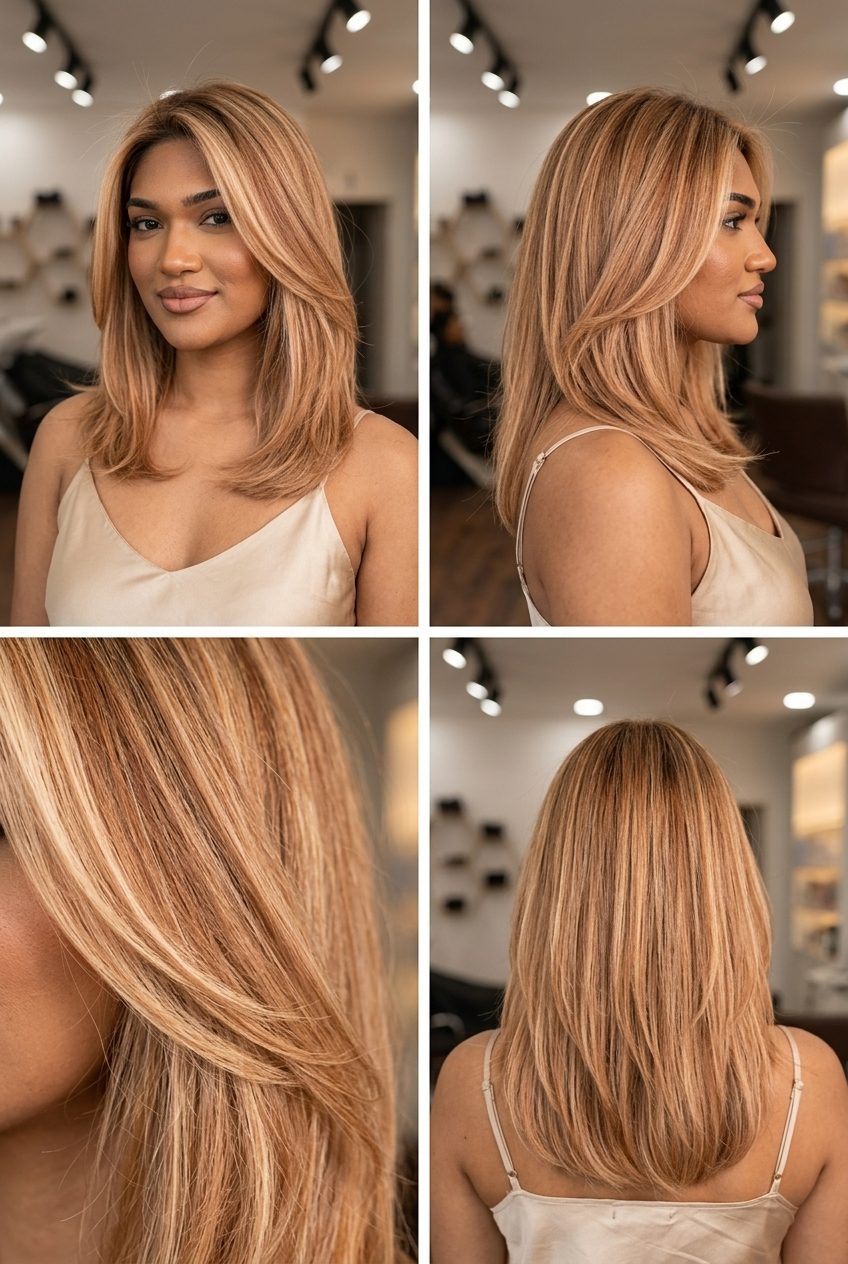 long honey strawberry blonde hair color with warm honey face-framing, subtle peach undertones — radiant summer look