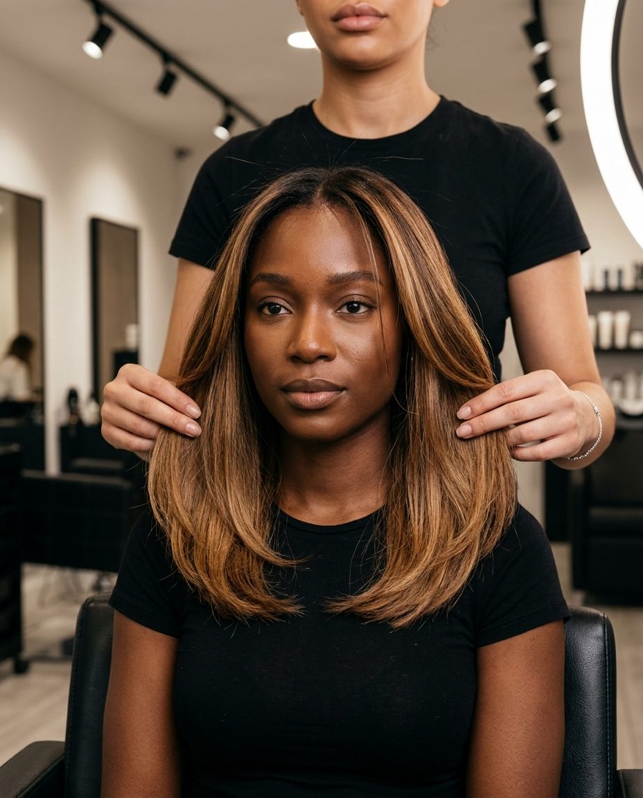 long honey toffee balayage with rich caramel, hand-painted, natural root melt — professional sophisticated look