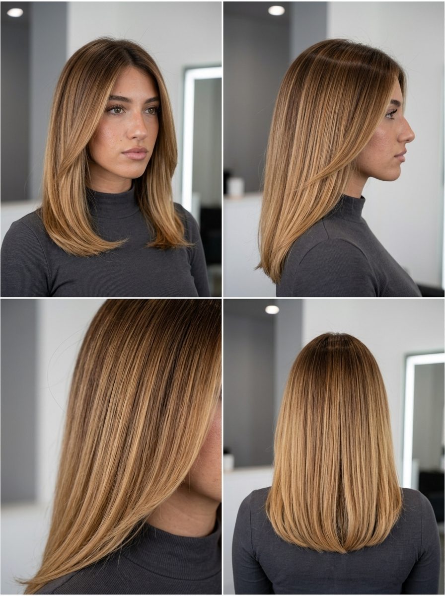 long layered honey blonde hair color with honey toffee melt, root melt technique for sophisticated look