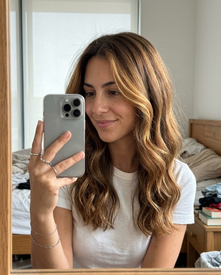 long layered honey-glazed walnut brunette hair color with golden highlights, balayage technique — luminous romantic