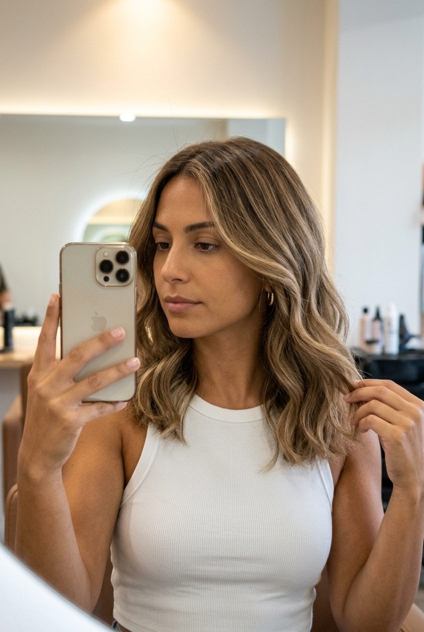long honey wheat teased highlights with soft beige, teasylights, shaggy layers — playful bohemian weekend hair