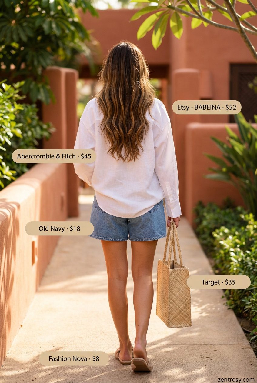 Bohemian beach-day look featuring an oversized white linen shirt over denim cut-off shorts, paired with beige slide sandals and a large straw tote, ideal for hot summer outfits for women 2026.
