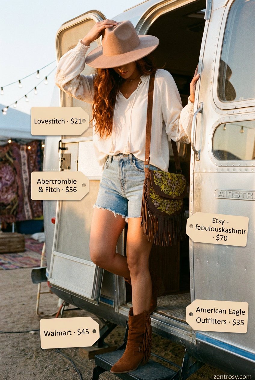 Bohemian cream embroidered peasant blouse with distressed denim shorts and fringed ankle boots for hot summer outfits for women 2026. Ideal for music festivals or casual outdoor events.