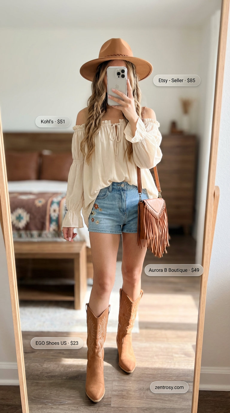 Boho festival ready Hot summer outfits for women 2026 with distressed denim shorts, an off-the-shoulder peasant blouse, cowboy boots, a fringed bag, and a felt hat for a free-spirited vibe.