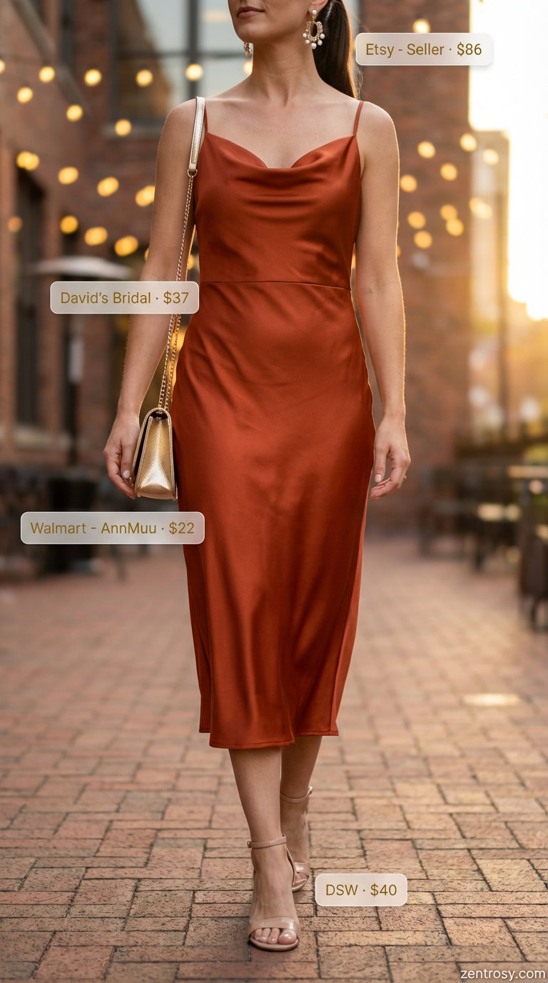 Glamorous burnt orange satin midi slip dress with gold metallic stilettos and statement earrings for hot summer outfits for women 2026. Perfect for a date night or cocktail party.