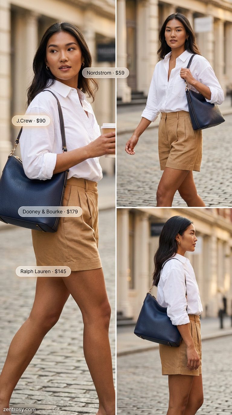 Polished white button-down shirt with navy paper-bag waist shorts and tan leather mules for hot summer outfits for women 2026. Suitable for city sightseeing or lunch meetings.