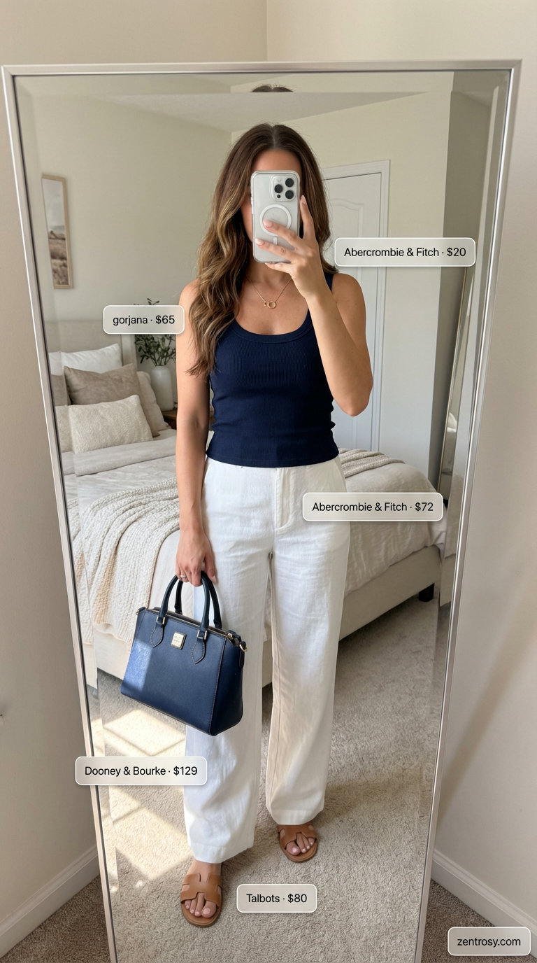 Sophisticated white wide-leg linen trousers with a navy knit crop top and flat leather sandals for hot summer outfits for women 2026. Perfect for a city break or brunch.