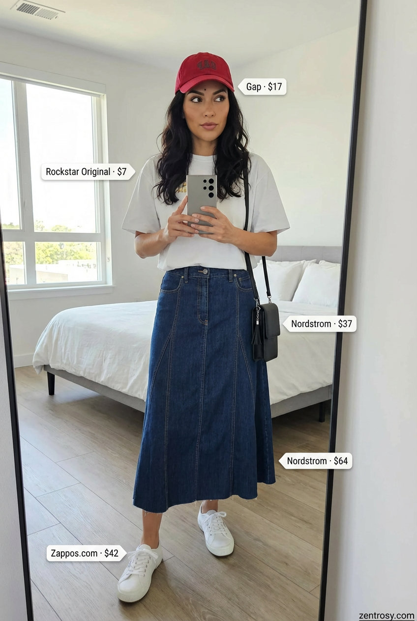 Dark wash denim A-line midi skirt with a white graphic t-shirt and canvas sneakers, a casual yet trendy option for hot summer outfits for women 2026, perfect for a weekend market.